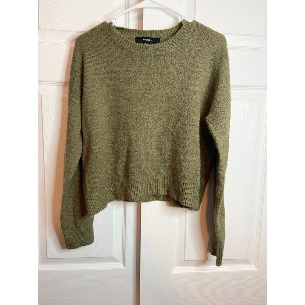Forever 21 Minimalist Olive Green Crewneck Cropped Knit Sweater Large